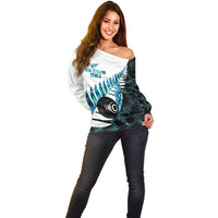 New Zealand Lawn Bowls Custom Off Shoulder Sweater Aotearoa Silver Fern Paua Shell LT14 - Polynesian Pride