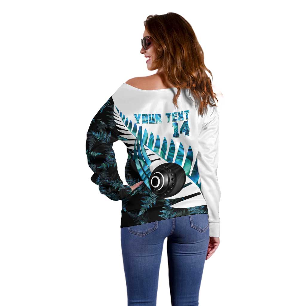 New Zealand Lawn Bowls Custom Off Shoulder Sweater Aotearoa Silver Fern Paua Shell LT14 - Polynesian Pride