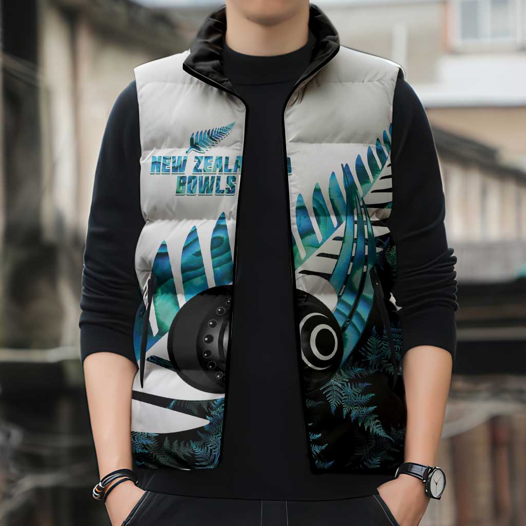 New Zealand Lawn Bowls Custom Sleeveless Puffer Jacket Aotearoa Silver Fern Paua Shell LT14 - Polynesian Pride