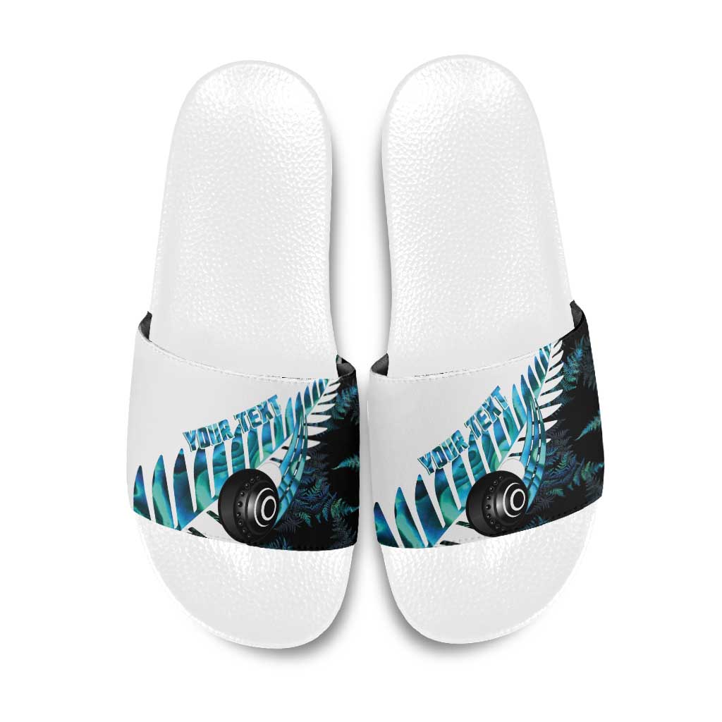 New Zealand Lawn Bowls Custom Slide Sandals Aotearoa Silver Fern Paua Shell LT14 Black - Polynesian Pride