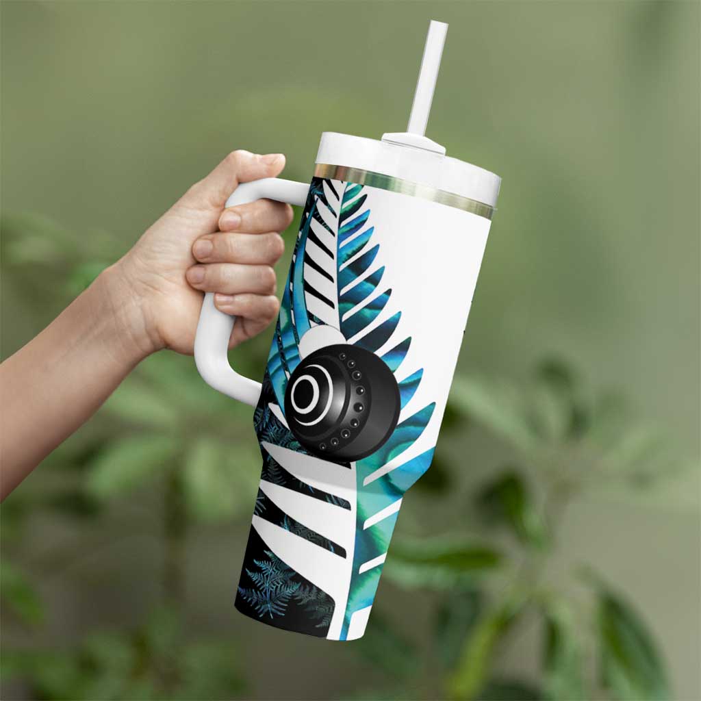 New Zealand Lawn Bowls Custom Tumbler With Handle Aotearoa Silver Fern Paua Shell LT14 - Polynesian Pride