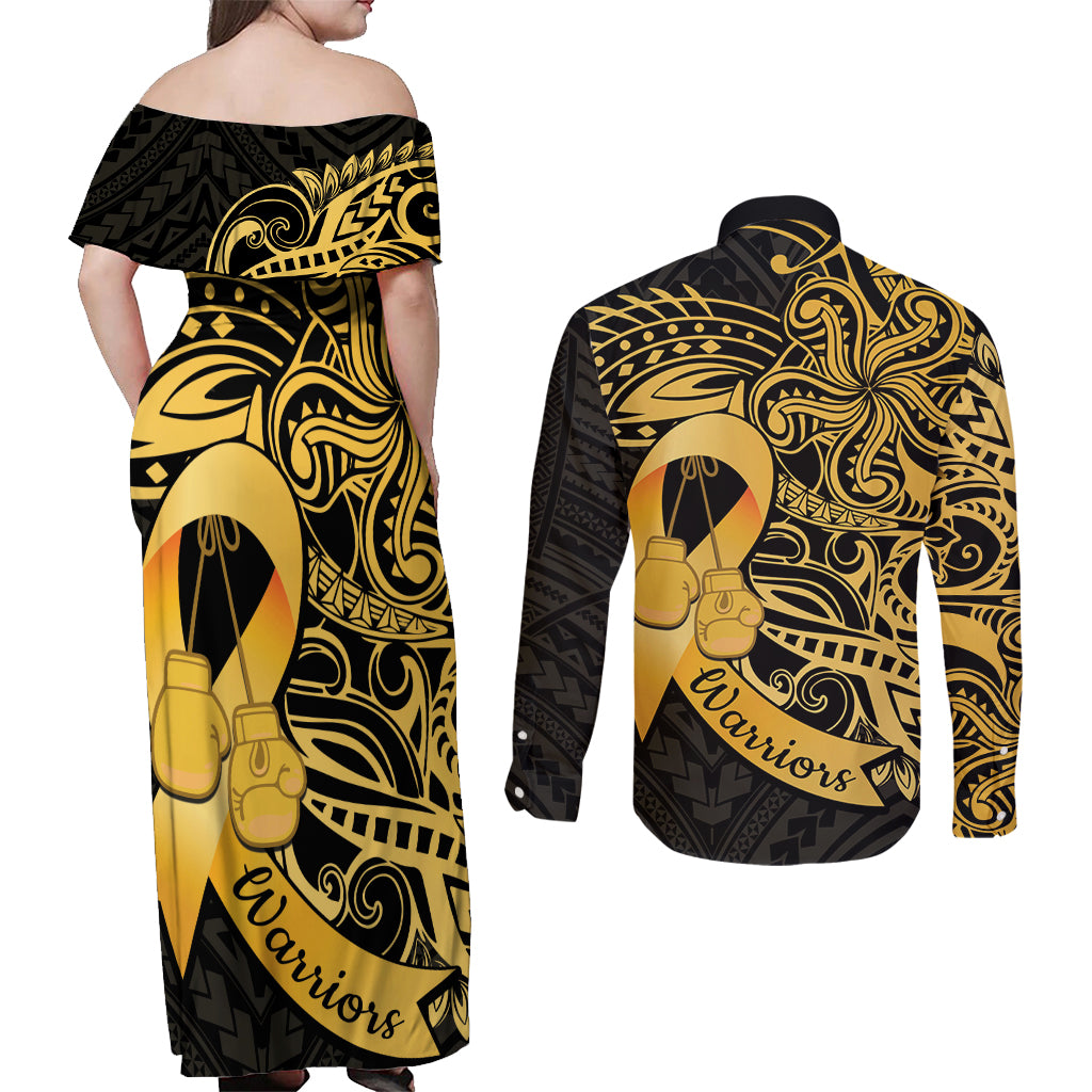 Polynesia Bone Cancer Awareness Couples Matching Off Shoulder Maxi Dress and Long Sleeve Button Shirt Fight Warriors