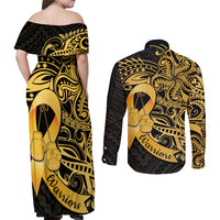 Polynesia Bone Cancer Awareness Couples Matching Off Shoulder Maxi Dress and Long Sleeve Button Shirt Fight Warriors