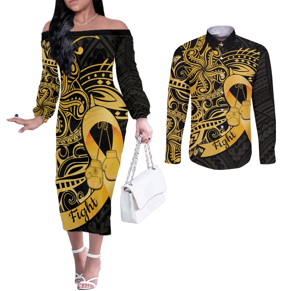 Polynesia Bone Cancer Awareness Couples Matching Off The Shoulder Long Sleeve Dress and Long Sleeve Button Shirt Fight Warriors