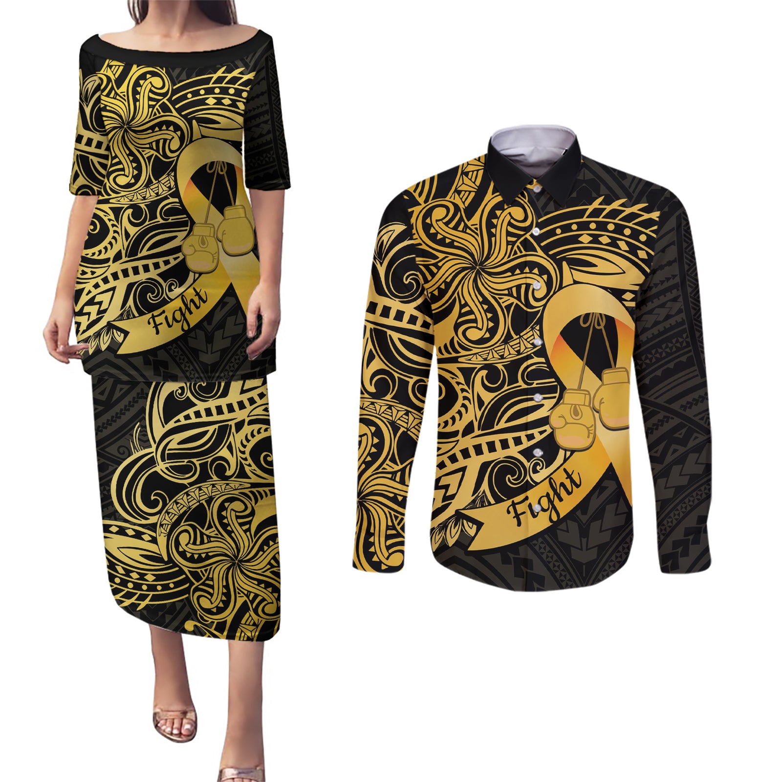 Polynesia Bone Cancer Awareness Couples Matching Puletasi and Long Sleeve Button Shirt Fight Warriors