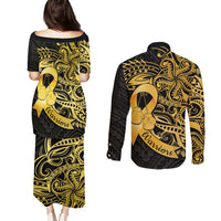 Polynesia Bone Cancer Awareness Couples Matching Puletasi and Long Sleeve Button Shirt Fight Warriors