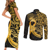 Polynesia Bone Cancer Awareness Couples Matching Short Sleeve Bodycon Dress and Long Sleeve Button Shirt Fight Warriors