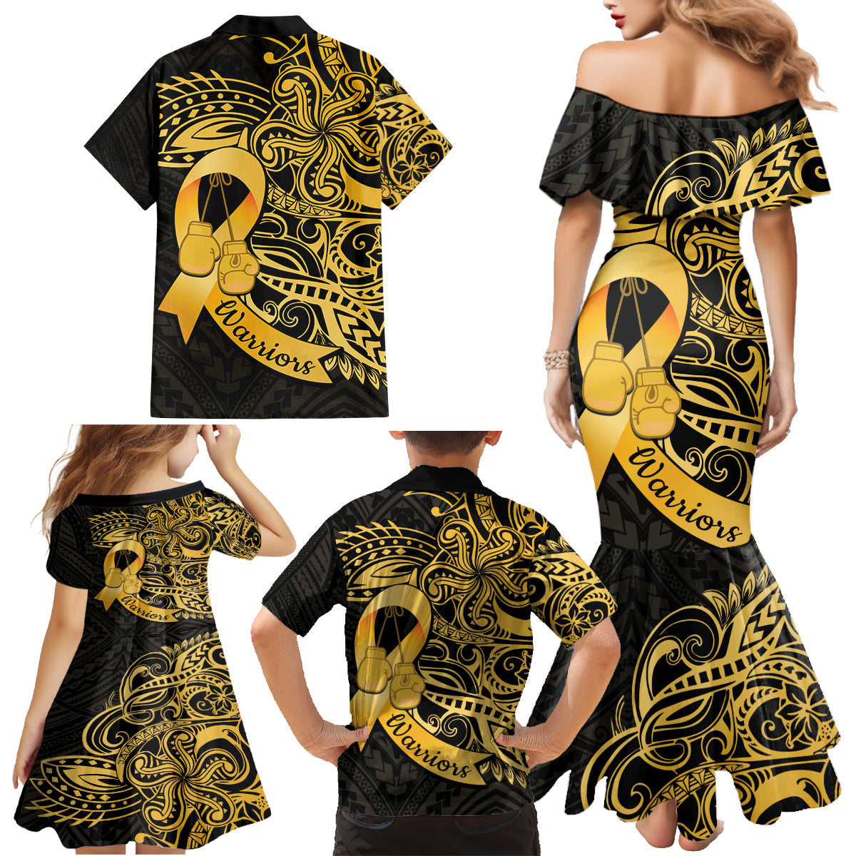 Polynesia Bone Cancer Awareness Family Matching Mermaid Dress and Hawaiian Shirt Fight Warriors