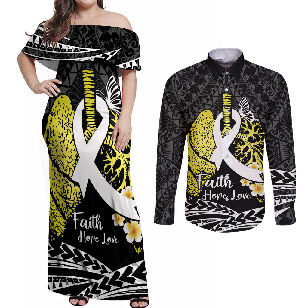 Personalised Polynesia World Lung Cancer Day Couples Matching Off Shoulder Maxi Dress and Long Sleeve Button Shirt Faith Hope Love