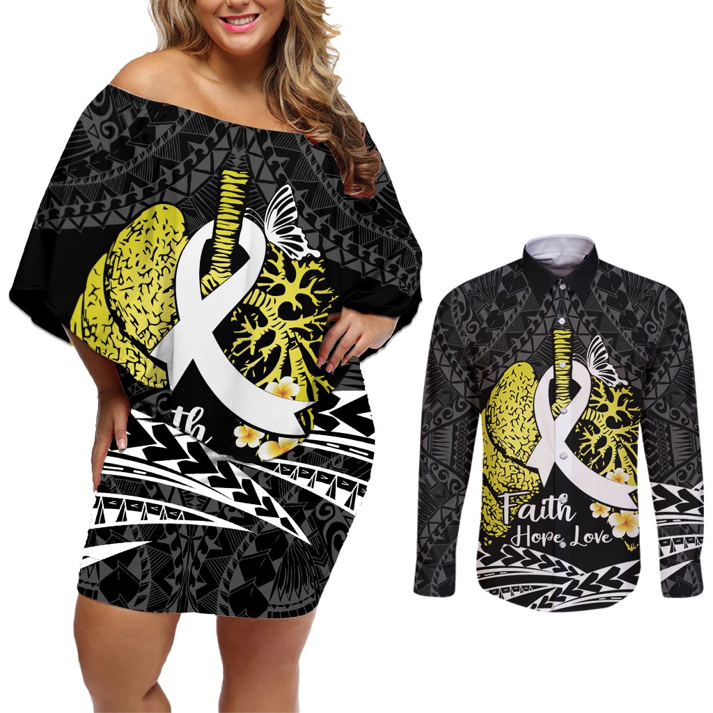 Personalised Polynesia World Lung Cancer Day Couples Matching Off Shoulder Short Dress and Long Sleeve Button Shirt Faith Hope Love