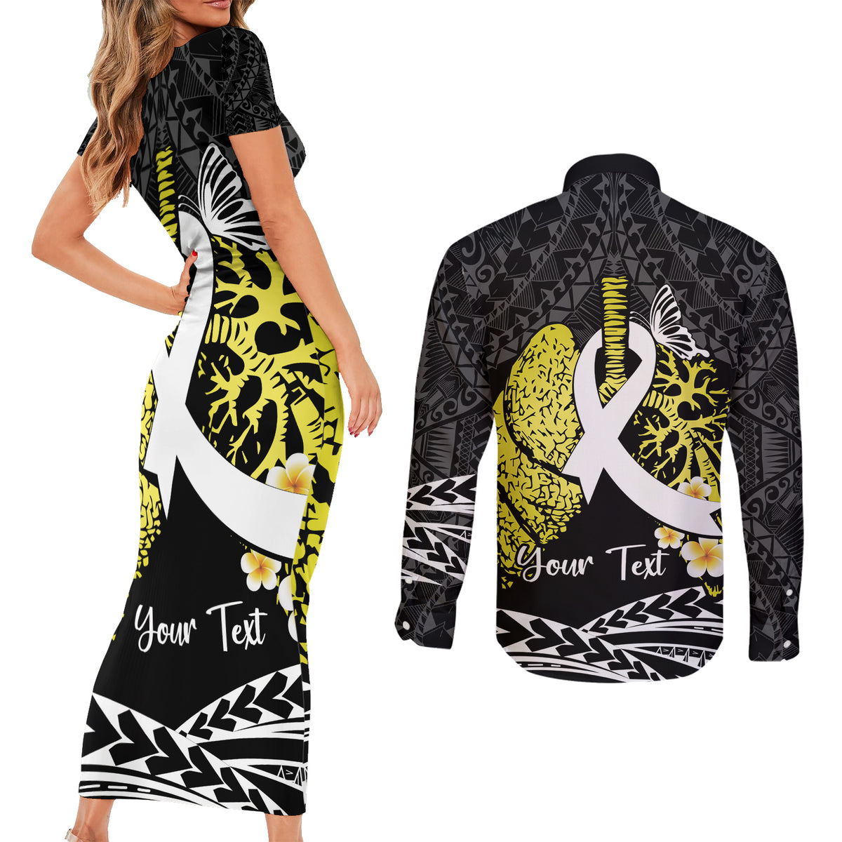 Personalised Polynesia World Lung Cancer Day Couples Matching Short Sleeve Bodycon Dress and Long Sleeve Button Shirt Faith Hope Love