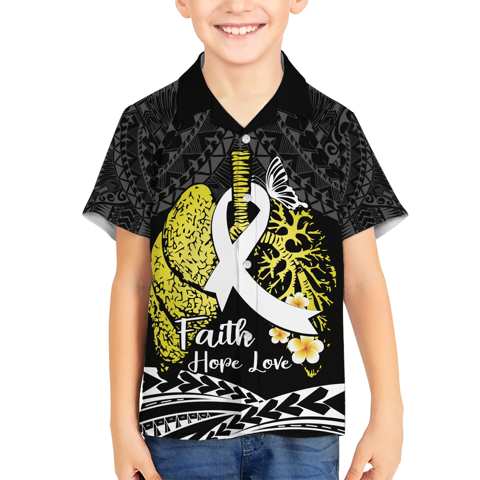 Personalised Polynesia World Lung Cancer Day Kid Hawaiian Shirt Faith Hope Love LT14 Kid Black - Polynesian Pride