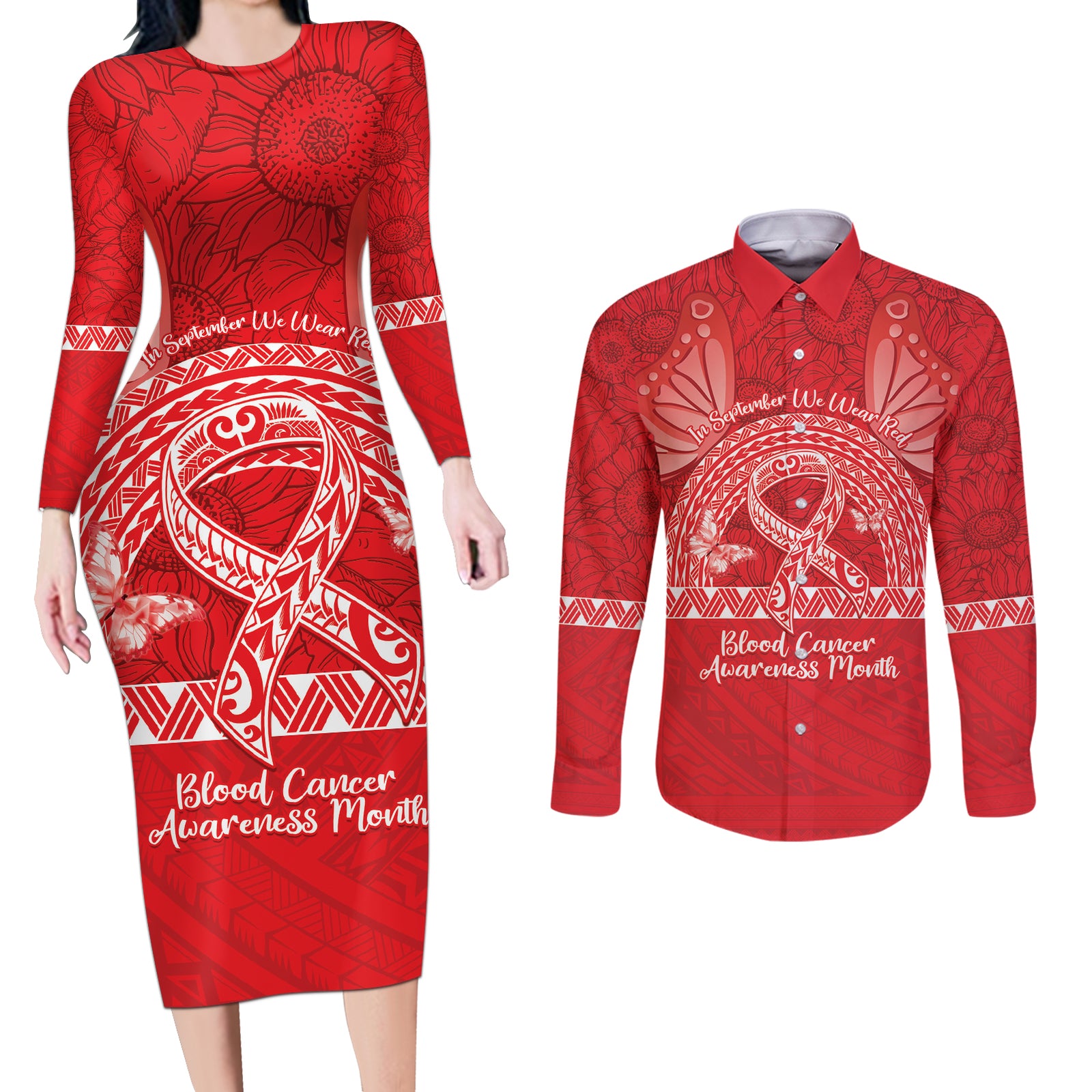 Personalised In September We Wear Red Couples Matching Long Sleeve Bodycon Dress and Long Sleeve Button Shirt Polynesia Blood Cancer Awareness