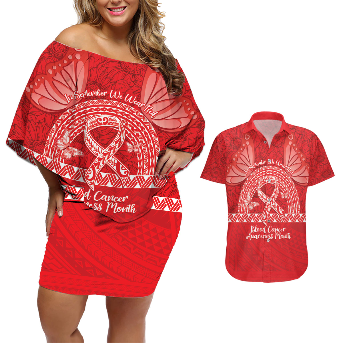Personalised In September We Wear Red Couples Matching Off Shoulder Short Dress and Hawaiian Shirt Polynesia Blood Cancer Awareness
