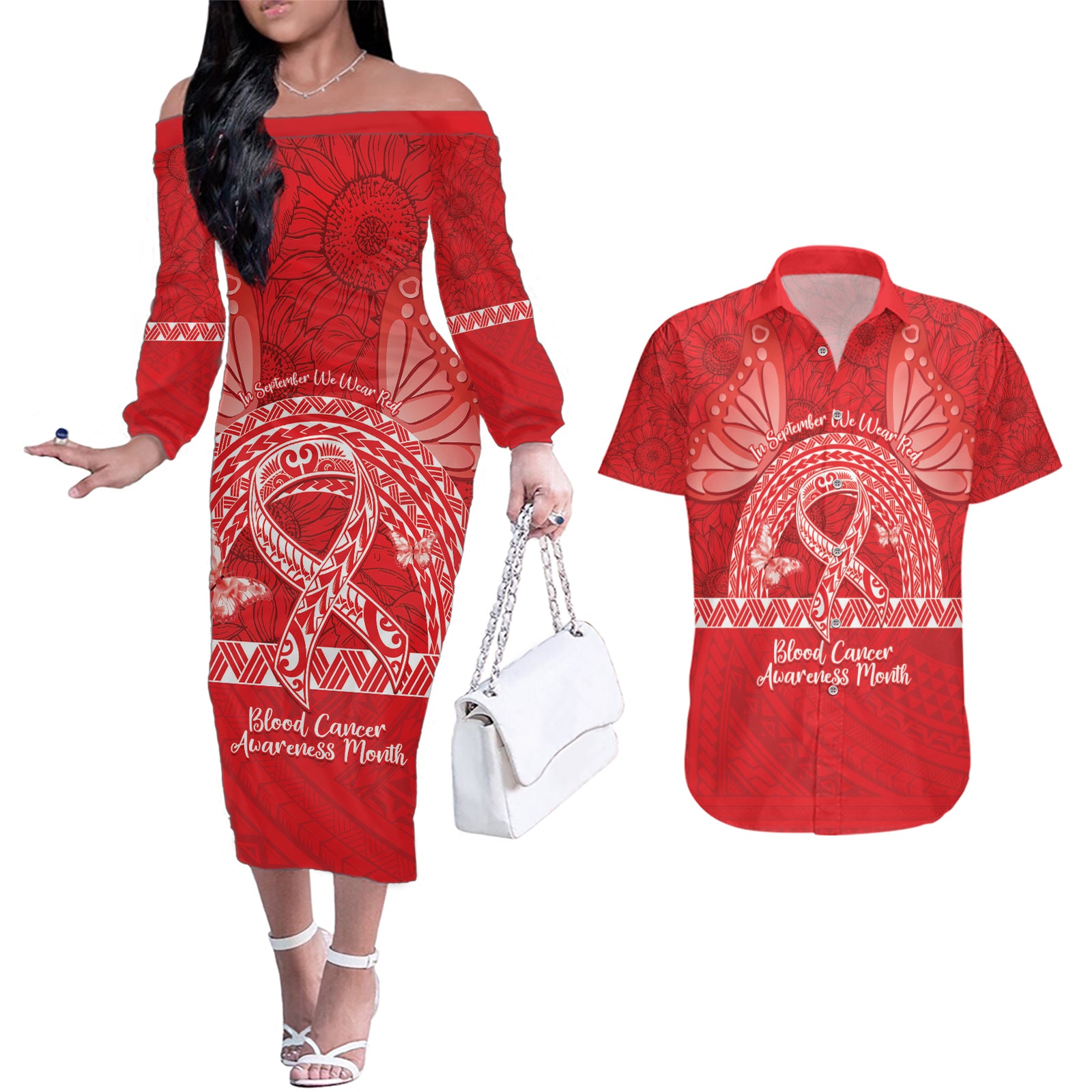 Personalised In September We Wear Red Couples Matching Off The Shoulder Long Sleeve Dress and Hawaiian Shirt Polynesia Blood Cancer Awareness