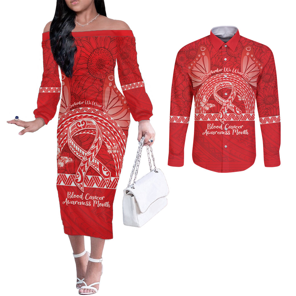 Personalised In September We Wear Red Couples Matching Off The Shoulder Long Sleeve Dress and Long Sleeve Button Shirt Polynesia Blood Cancer Awareness