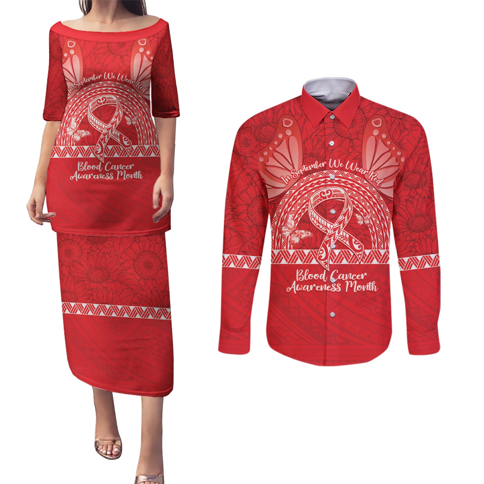 Personalised In September We Wear Red Couples Matching Puletasi and Long Sleeve Button Shirt Polynesia Blood Cancer Awareness