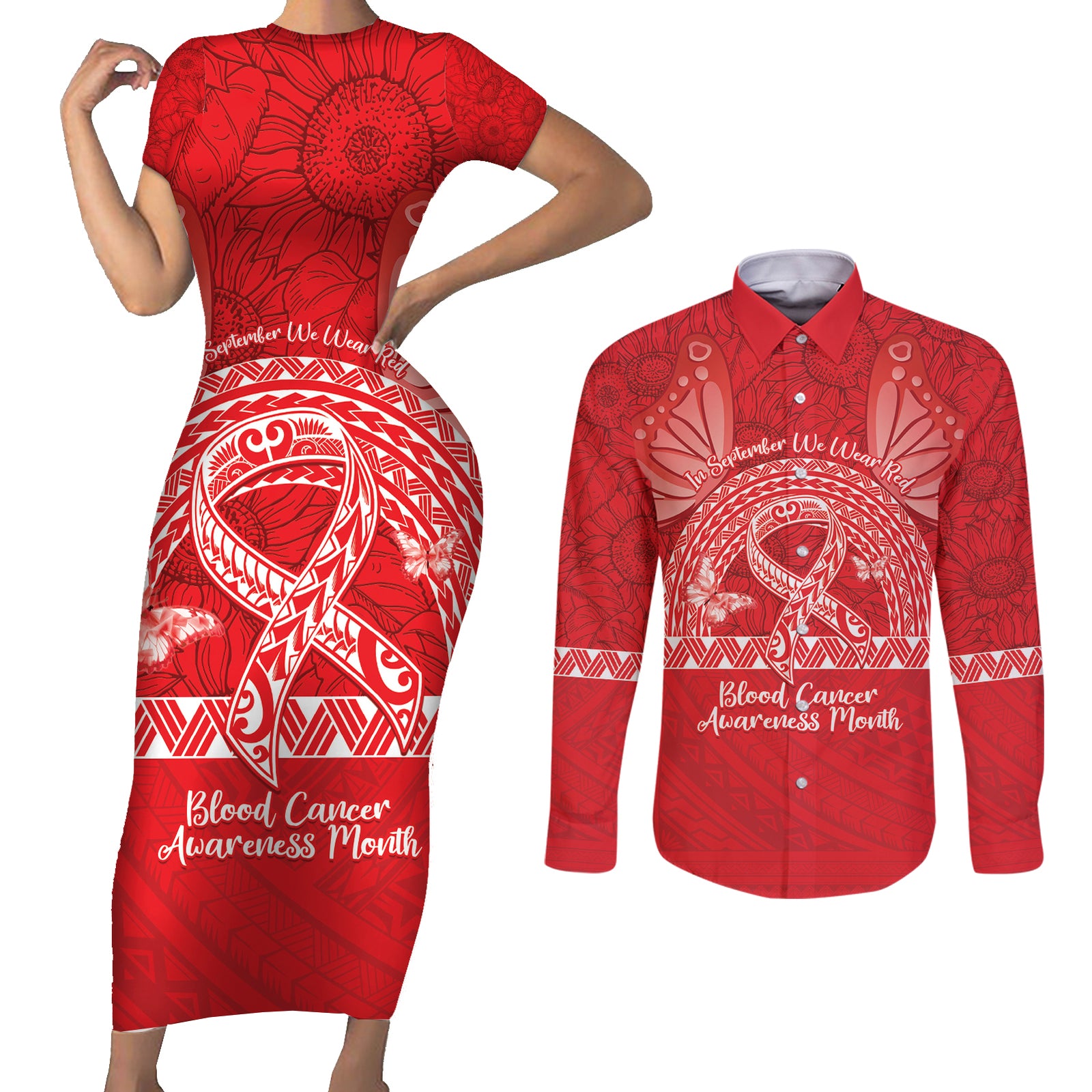Personalised In September We Wear Red Couples Matching Short Sleeve Bodycon Dress and Long Sleeve Button Shirt Polynesia Blood Cancer Awareness