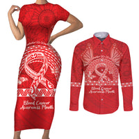 Personalised In September We Wear Red Couples Matching Short Sleeve Bodycon Dress and Long Sleeve Button Shirt Polynesia Blood Cancer Awareness