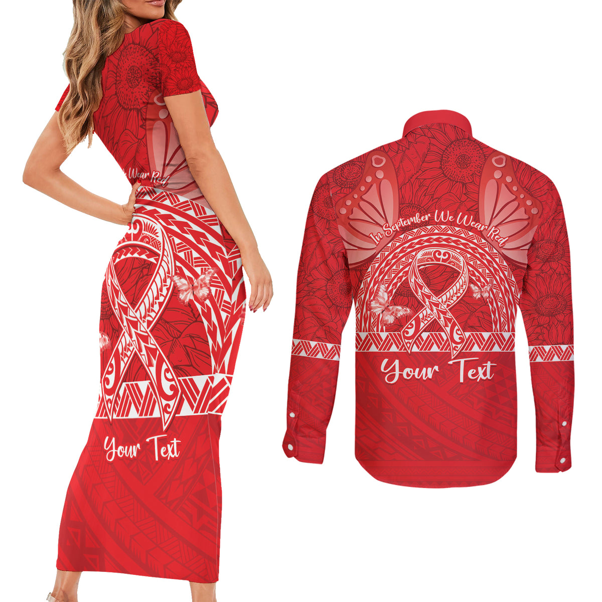 Personalised In September We Wear Red Couples Matching Short Sleeve Bodycon Dress and Long Sleeve Button Shirt Polynesia Blood Cancer Awareness