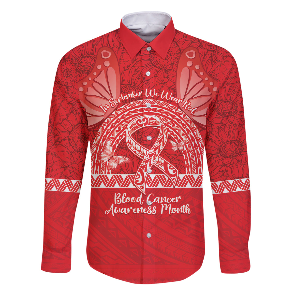 Personalised In September We Wear Red Family Matching Long Sleeve Bodycon Dress and Hawaiian Shirt Polynesia Blood Cancer Awareness