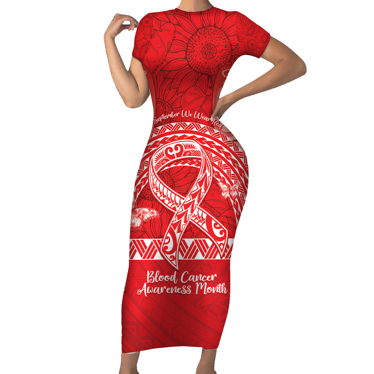 Personalised In September We Wear Red Family Matching Short Sleeve Bodycon Dress and Hawaiian Shirt Polynesia Blood Cancer Awareness