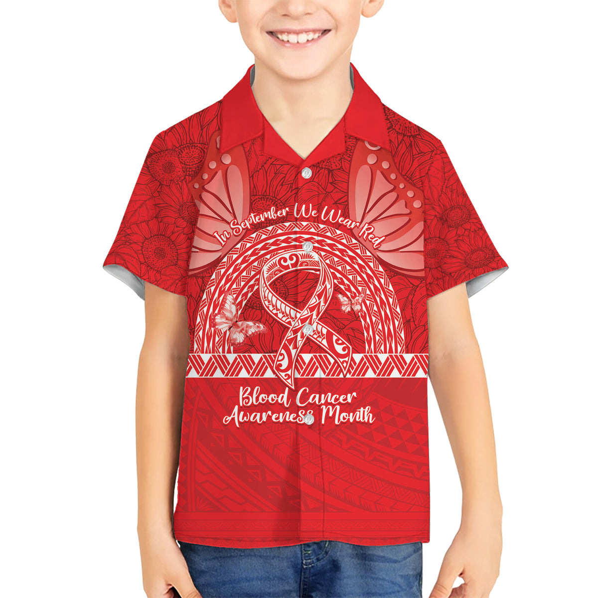 Personalised In September We Wear Red Family Matching Short Sleeve Bodycon Dress and Hawaiian Shirt Polynesia Blood Cancer Awareness