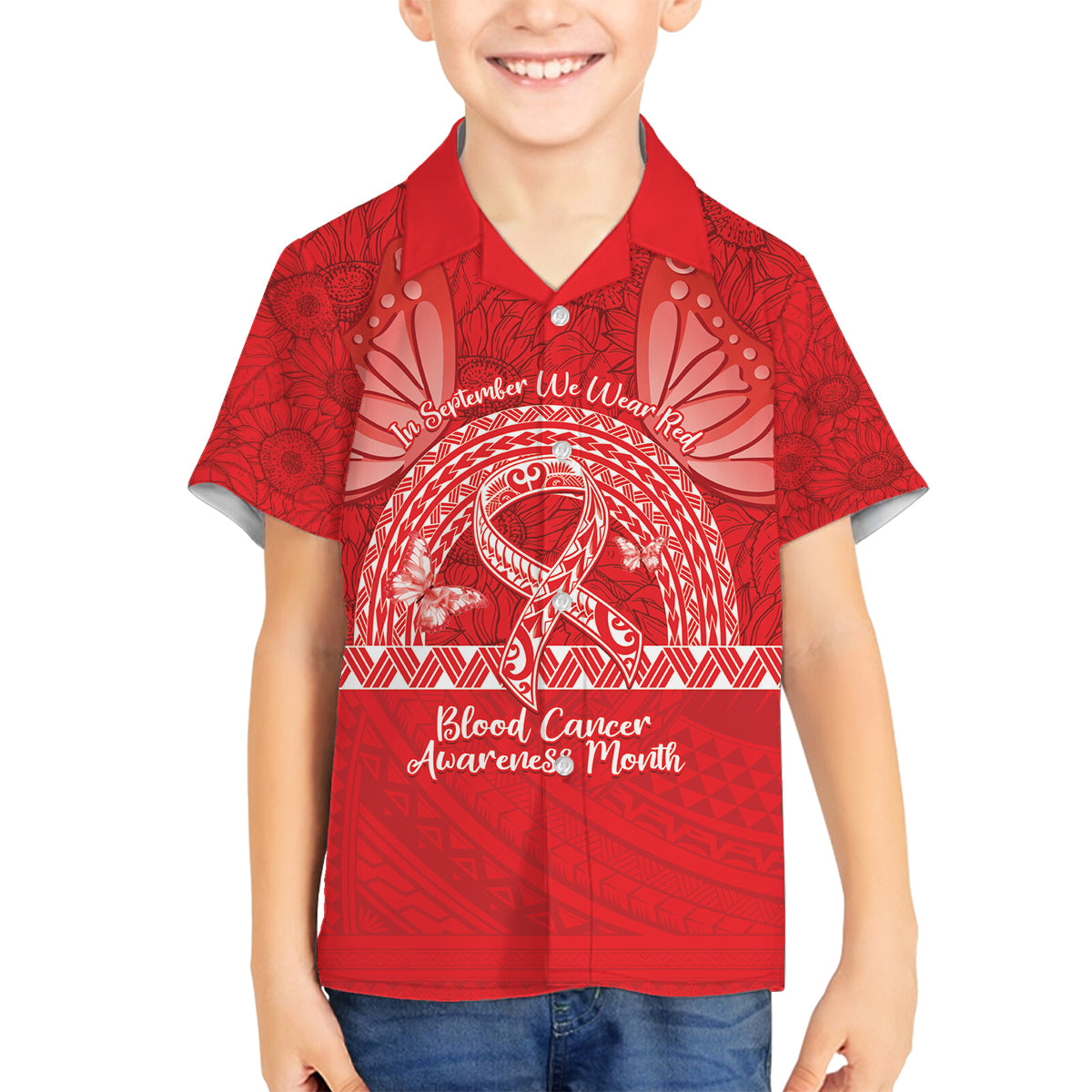 Personalised In September We Wear Red Family Matching Tank Maxi Dress and Hawaiian Shirt Polynesia Blood Cancer Awareness