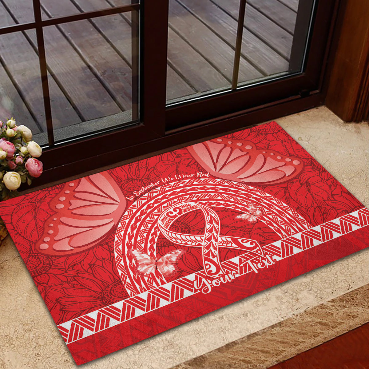 Personalised In September We Wear Red Rubber Doormat Polynesia Blood Cancer Awareness
