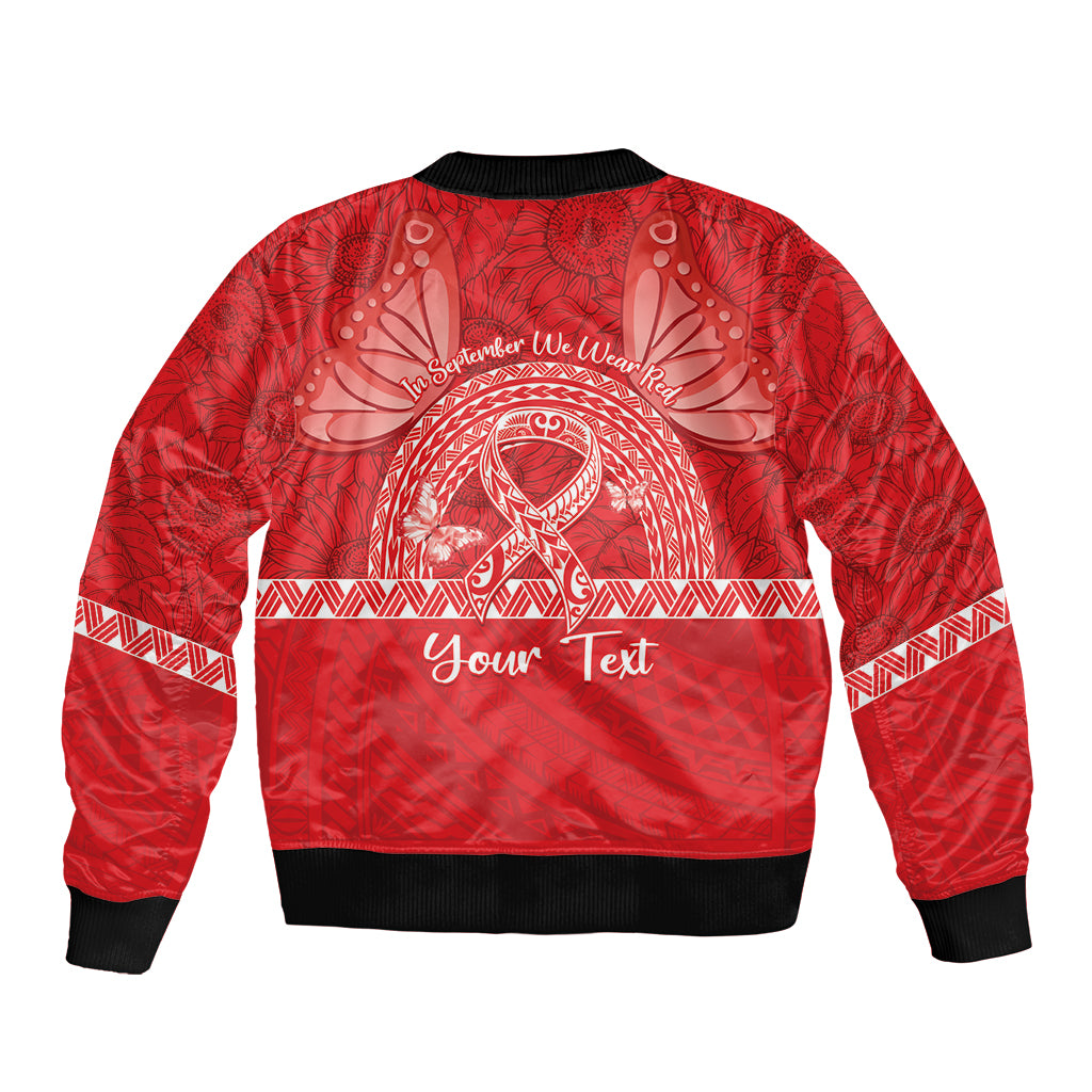 Personalised In September We Wear Red Sleeve Zip Bomber Jacket Polynesia Blood Cancer Awareness