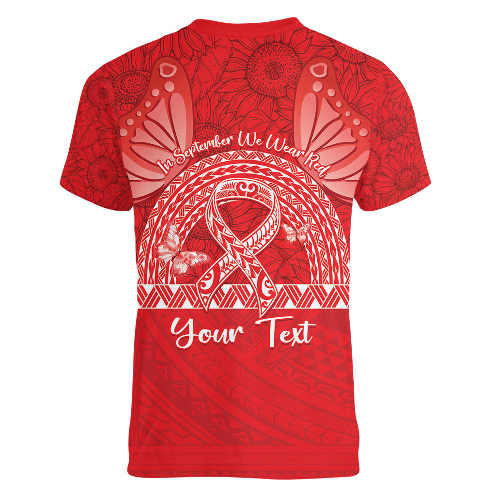 Personalised In September We Wear Red Women V-Neck T-Shirt Polynesia Blood Cancer Awareness