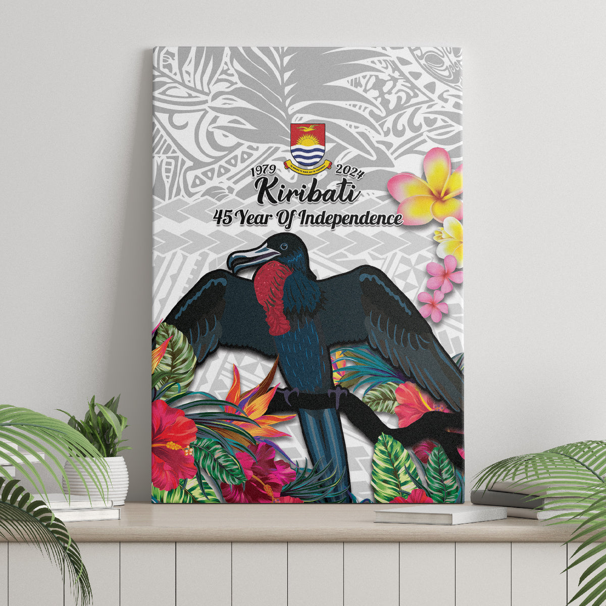 Kiribati Independence Day Canvas Wall Art Frigatebird Mix Tropical Flowers - White Style