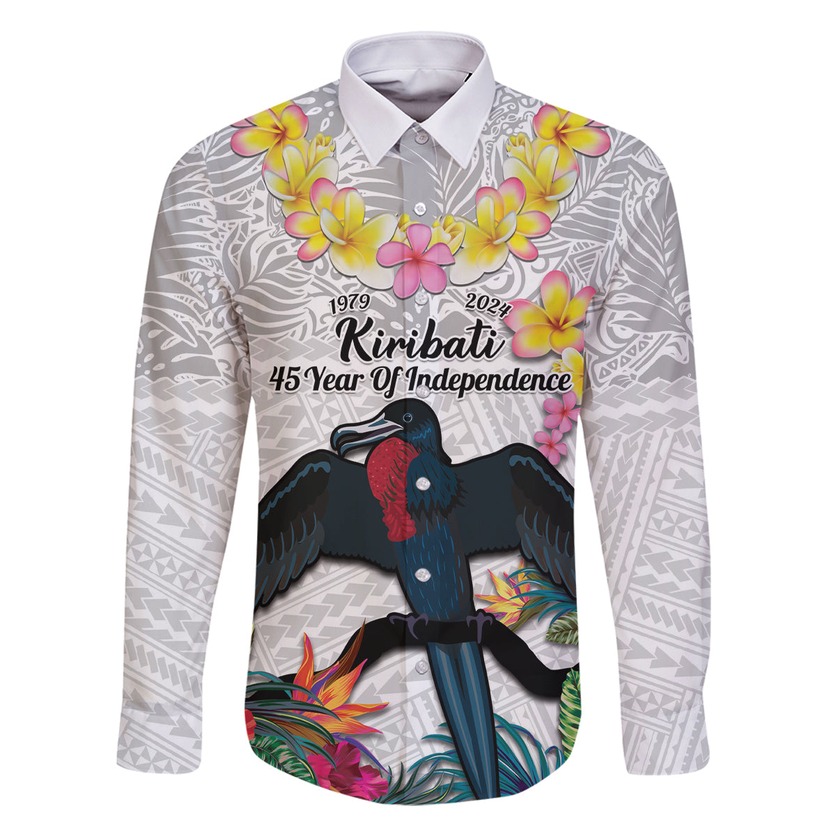 Kiribati Independence Day Family Matching Off The Shoulder Long Sleeve Dress and Hawaiian Shirt Frigatebird Mix Tropical Flowers - White Style