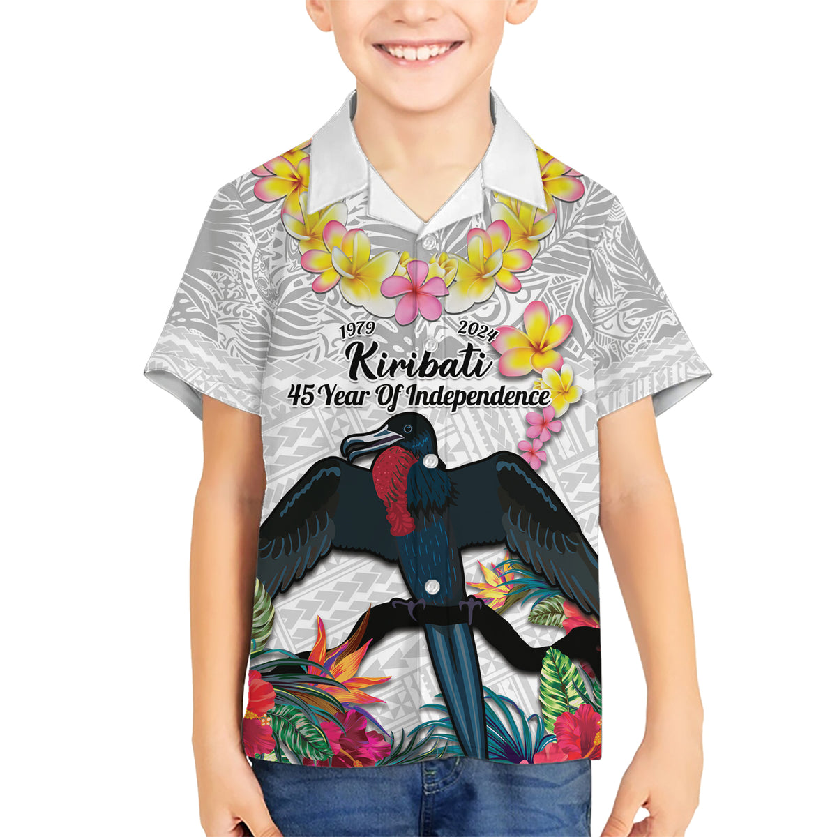 Kiribati Independence Day Family Matching Short Sleeve Bodycon Dress and Hawaiian Shirt Frigatebird Mix Tropical Flowers - White Style