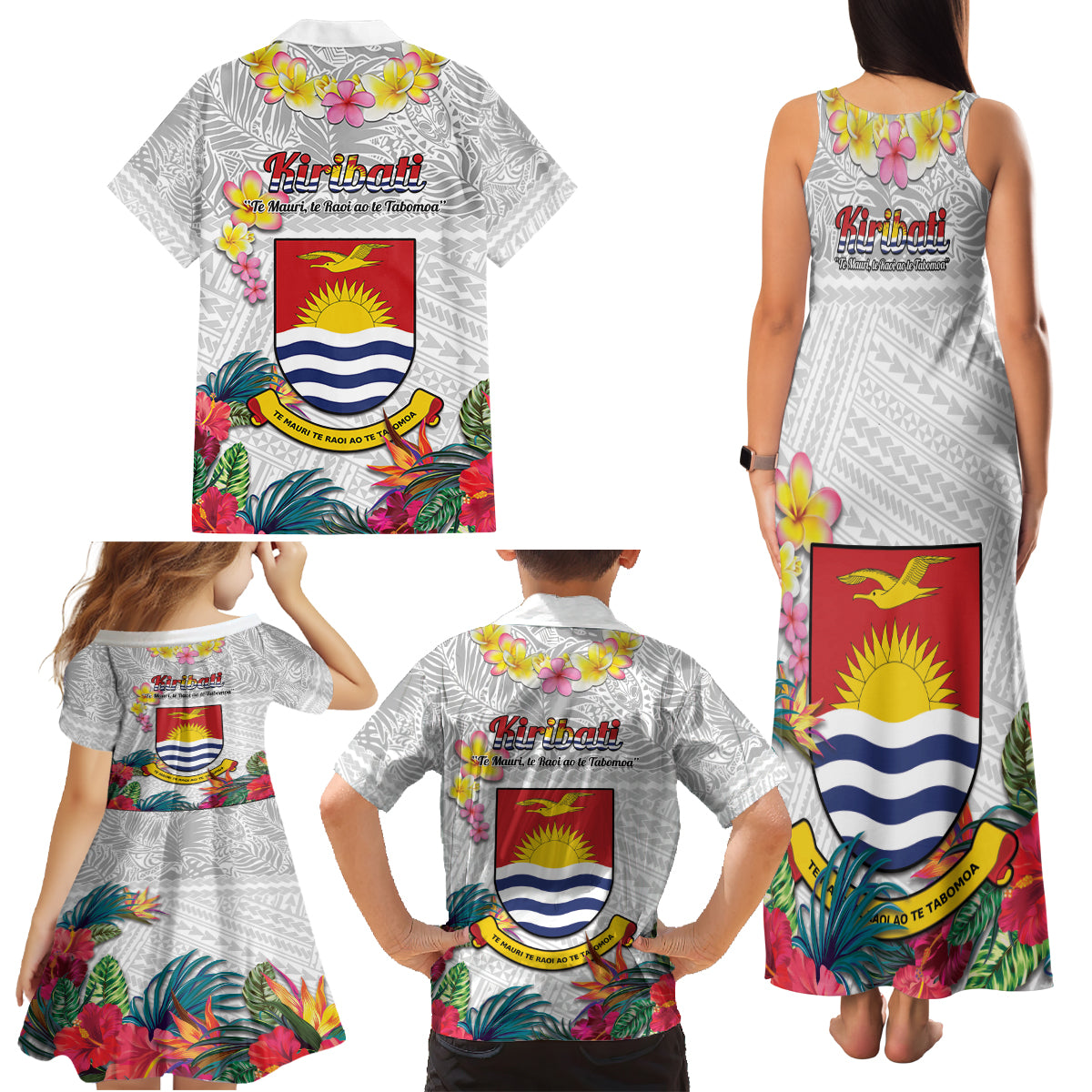 Kiribati Independence Day Family Matching Tank Maxi Dress and Hawaiian Shirt Frigatebird Mix Tropical Flowers - White Style