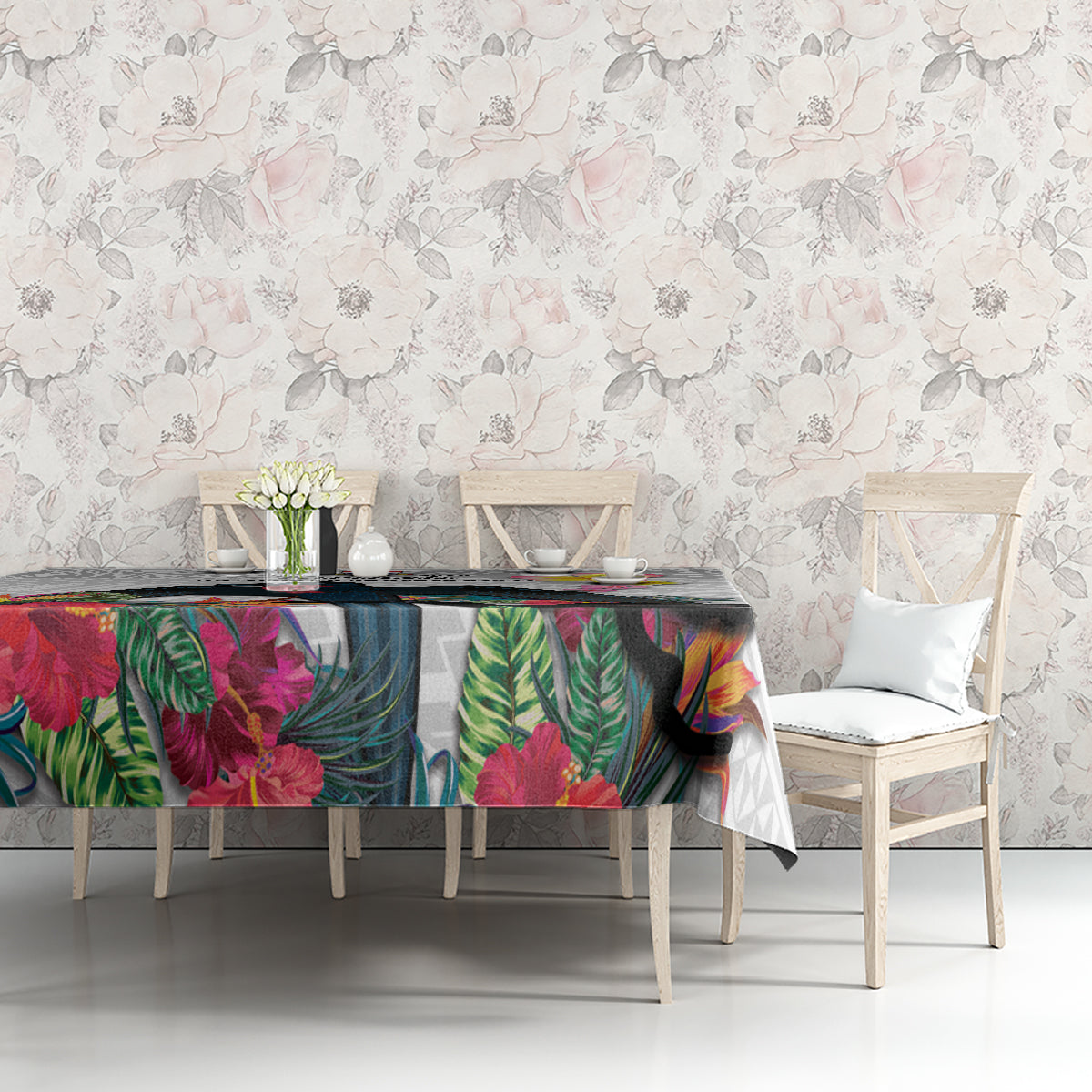 Kiribati Independence Day Tablecloth Frigatebird Mix Tropical Flowers - White Style