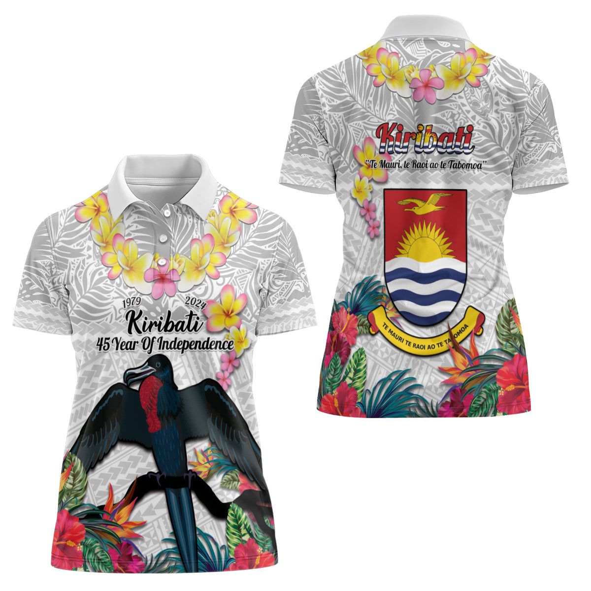 Kiribati Independence Day Women Polo Shirt Frigatebird Mix Tropical Flowers - White Style