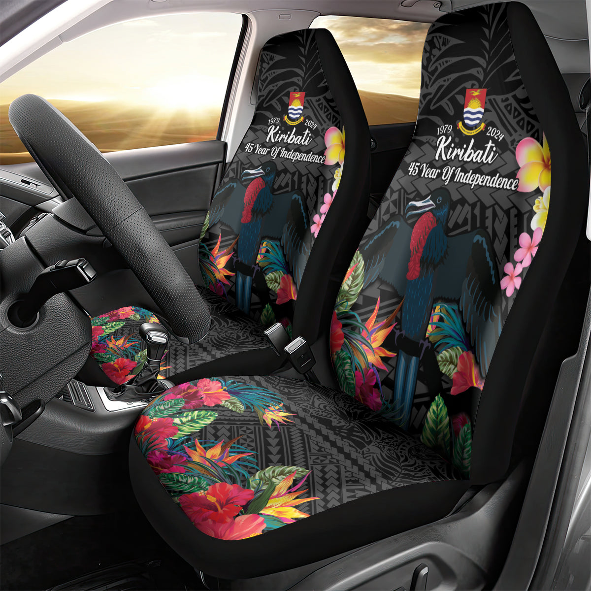 Kiribati Independence Day Car Seat Cover Frigatebird Mix Tropical Flowers - Black Style