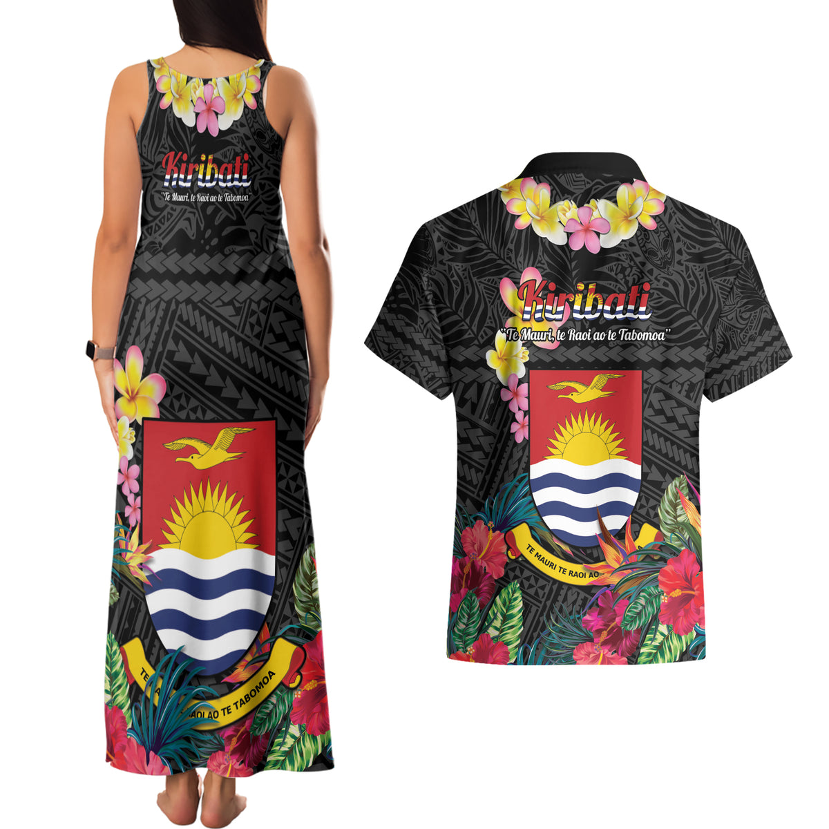 Kiribati Independence Day Couples Matching Tank Maxi Dress and Hawaiian Shirt Frigatebird Mix Tropical Flowers - Black Style
