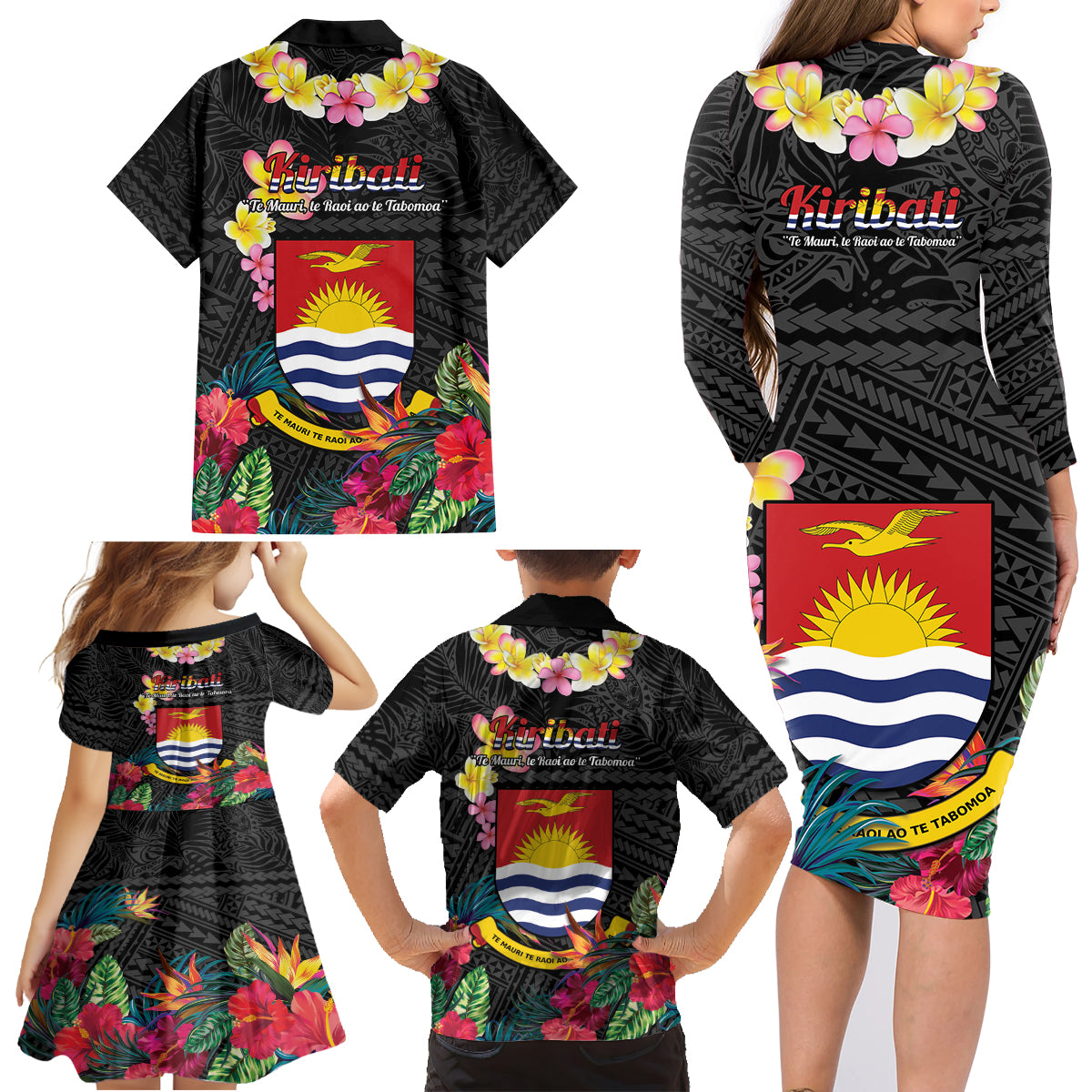 Kiribati Independence Day Family Matching Long Sleeve Bodycon Dress and Hawaiian Shirt Frigatebird Mix Tropical Flowers - Black Style