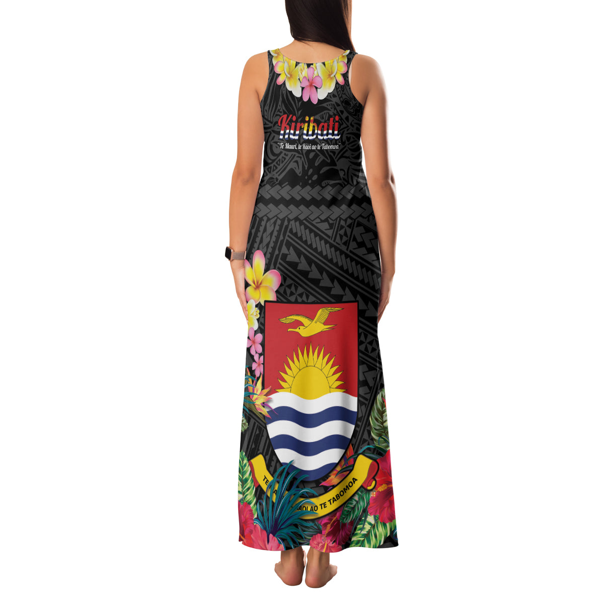 Kiribati Independence Day Family Matching Tank Maxi Dress and Hawaiian Shirt Frigatebird Mix Tropical Flowers - Black Style
