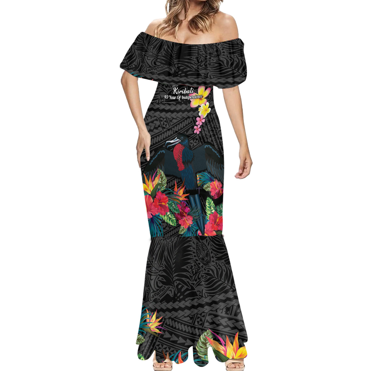 Kiribati Independence Day Mermaid Dress Frigatebird Mix Tropical Flowers - Black Style