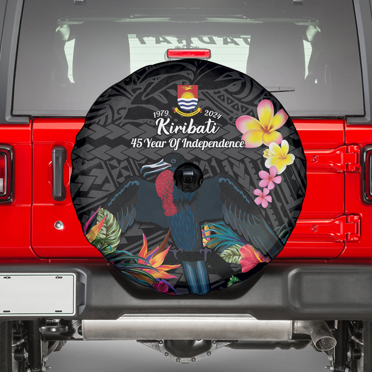 Kiribati Independence Day Spare Tire Cover Frigatebird Mix Tropical Flowers - Black Style