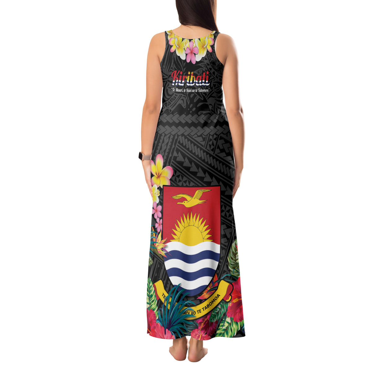 Kiribati Independence Day Tank Maxi Dress Frigatebird Mix Tropical Flowers - Black Style