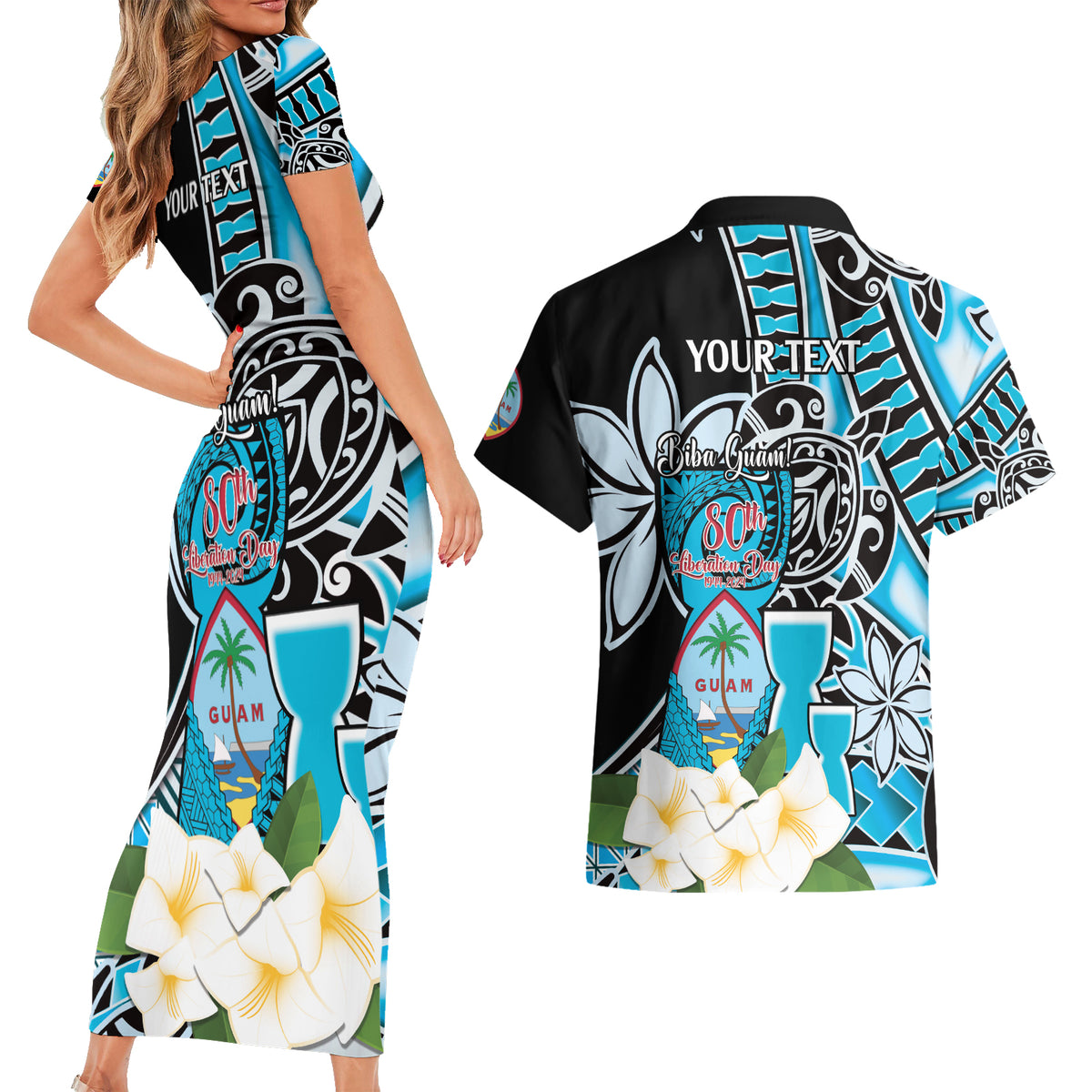 Personalised Guam Liberation Day Couples Matching Short Sleeve Bodycon Dress and Hawaiian Shirt Chamorro Latte Stone With Guasali Flowers
