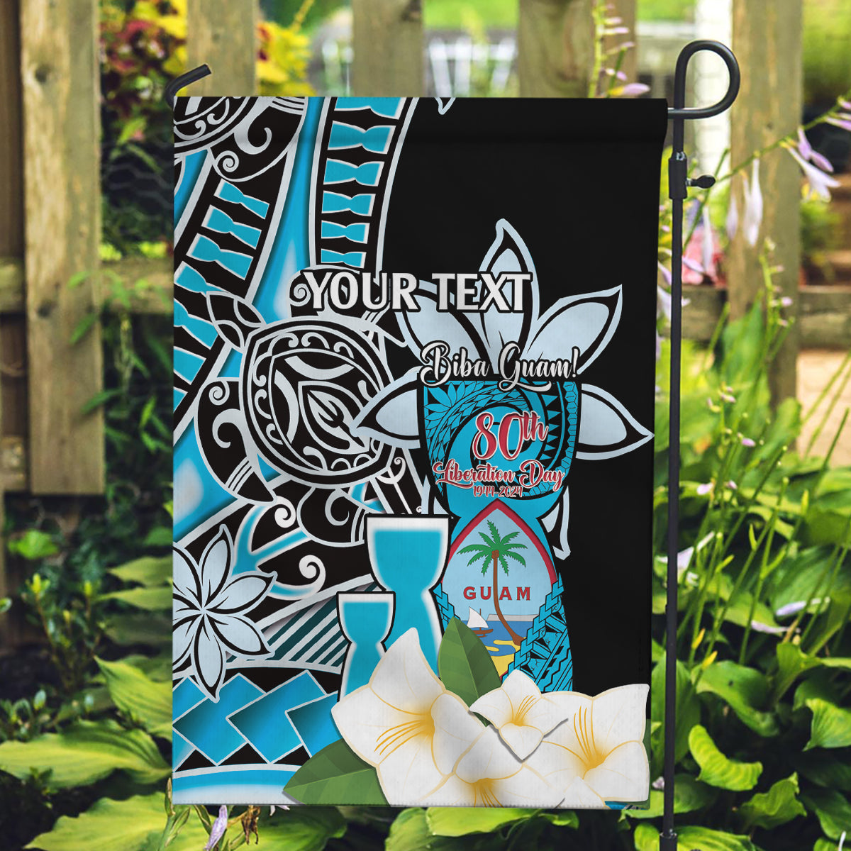 Personalised Guam Liberation Day Garden Flag 80th Anniversary Chamorro Latte Stone With Guasali Flowers LT14 Garden Flag Blue - Polynesian Pride