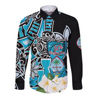 Personalised Guam Liberation Day Long Sleeve Button Shirt 80th Anniversary Chamorro Latte Stone With Guasali Flowers LT14 Unisex Blue - Polynesian Pride