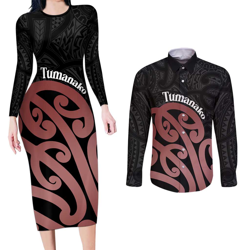 New Zealand Mangopare Tamanako Couples Matching Long Sleeve Bodycon Dress and Long Sleeve Button Shirt Aotearoa Maori