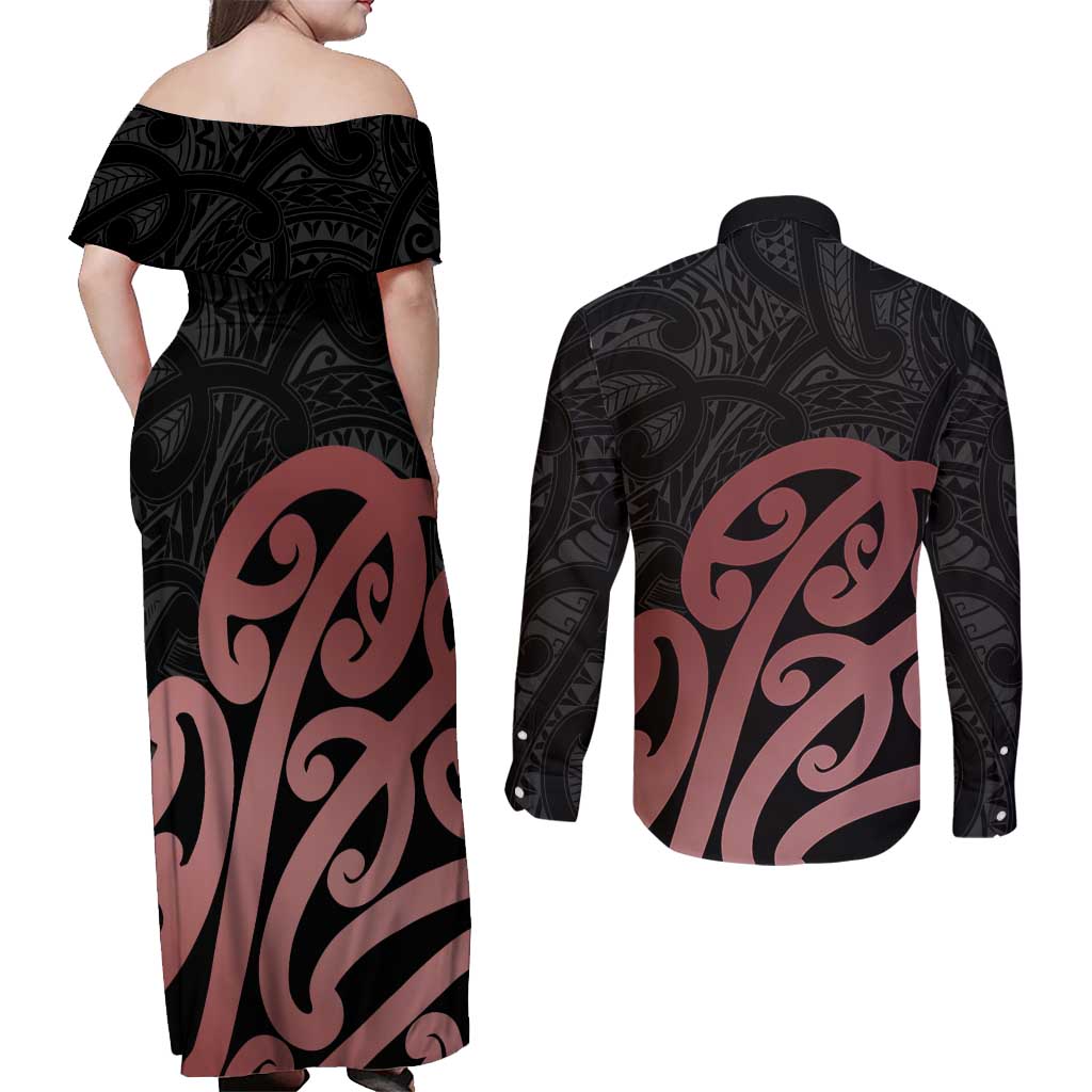 New Zealand Mangopare Tamanako Couples Matching Off Shoulder Maxi Dress and Long Sleeve Button Shirt Aotearoa Maori