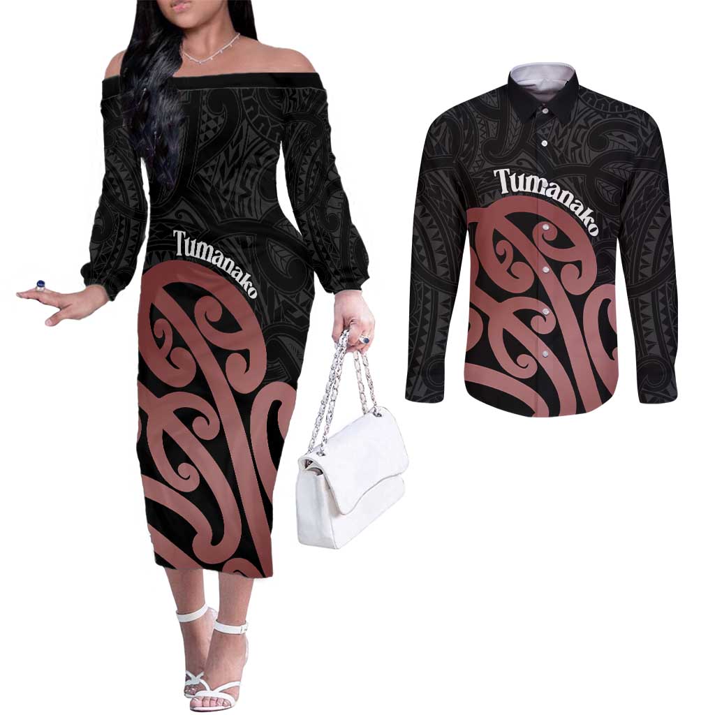 New Zealand Mangopare Tamanako Couples Matching Off The Shoulder Long Sleeve Dress and Long Sleeve Button Shirt Aotearoa Maori